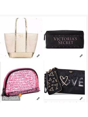 4 Victoria's Secret Tote Bag with Logo, 3pc Travel Case, Clear Makeup Bag Bundle